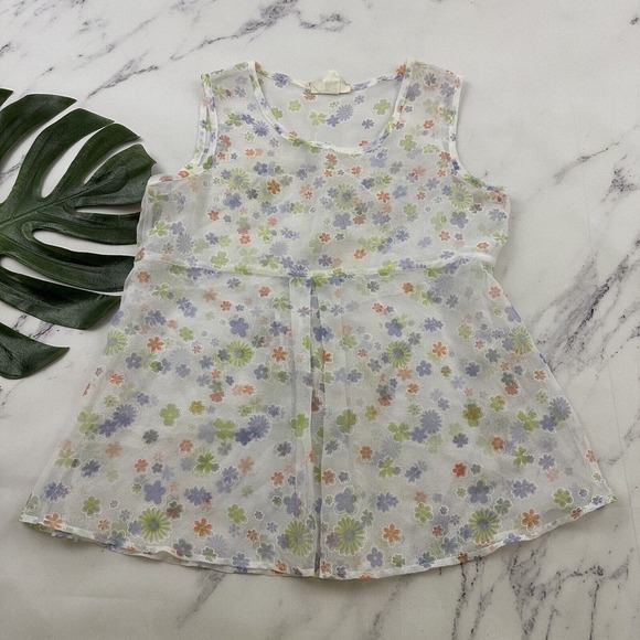 Finesse Womens Vintage Y2k Babydoll Top Size L White Purple Floral Sheer - Picture 1 of 11